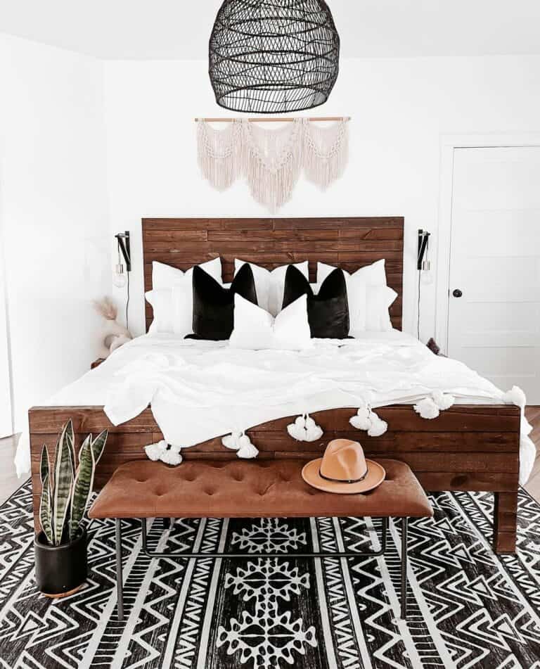 Boho Men's Bedroom With Black and White Rug