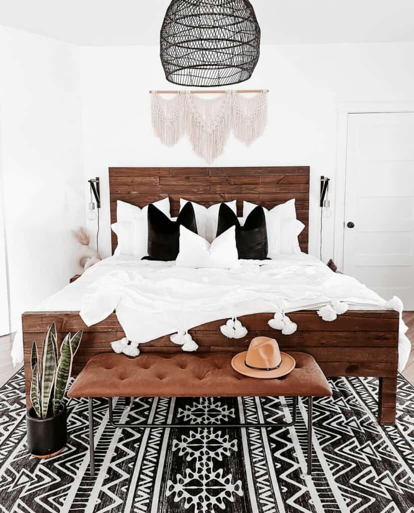 Boho Men's Bedroom With Black and White Rug