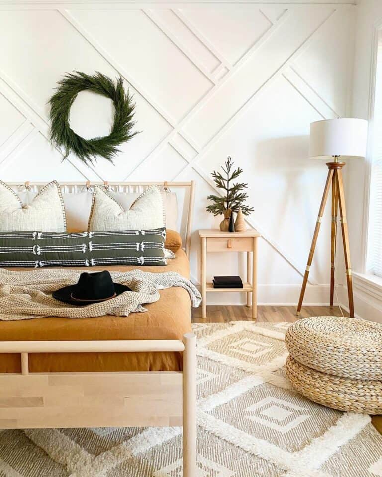 Bohomian Bedroom With White Geometric Panelling