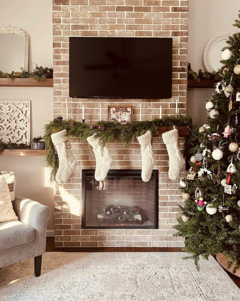 Brick Fireplace Without a Hearth Decorated for Christmas