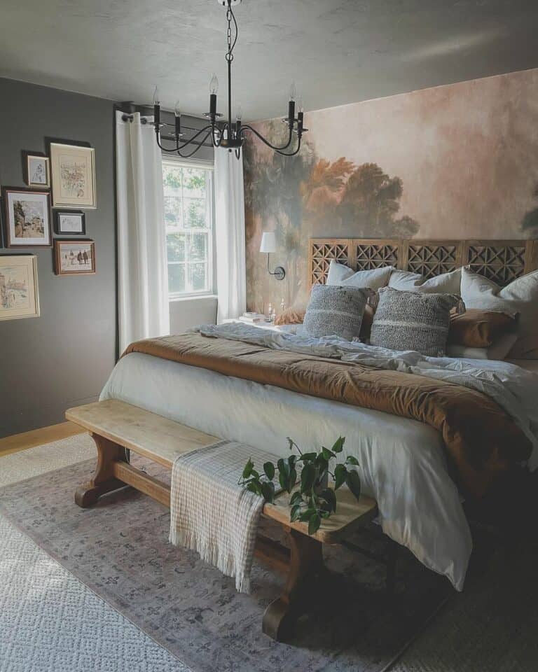 Calming Gray Bedroom With Mural Feature Wall