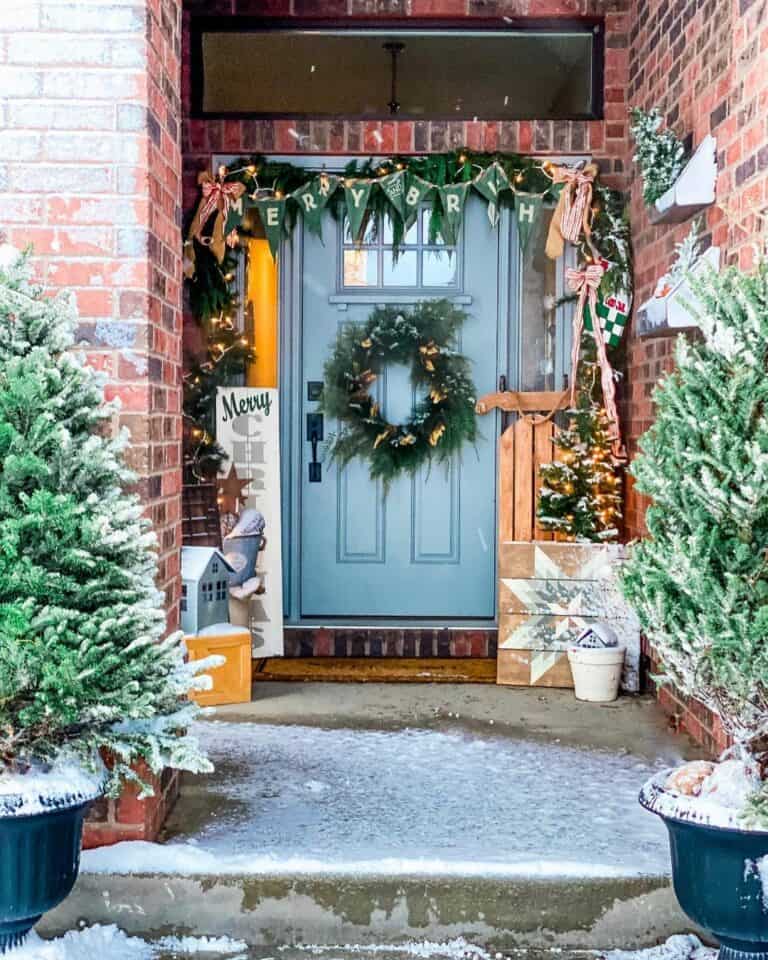 Christmas Front Porch With Light Blue Door
