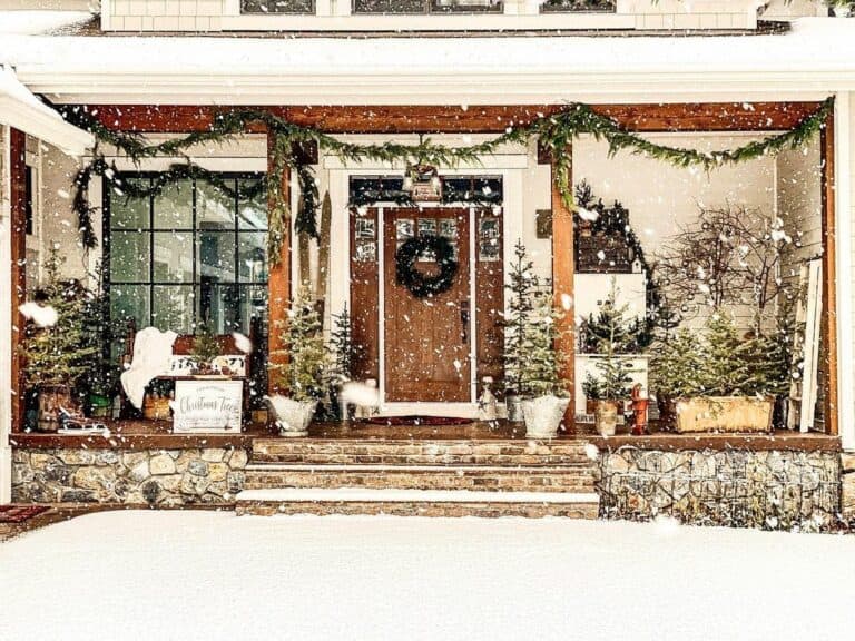 Christmas Front Porch With Stained Wood Front Door