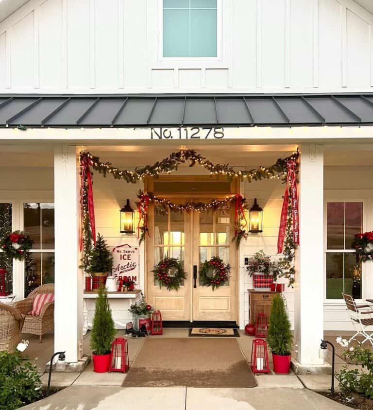 Christmas Porch With White and Red Accents