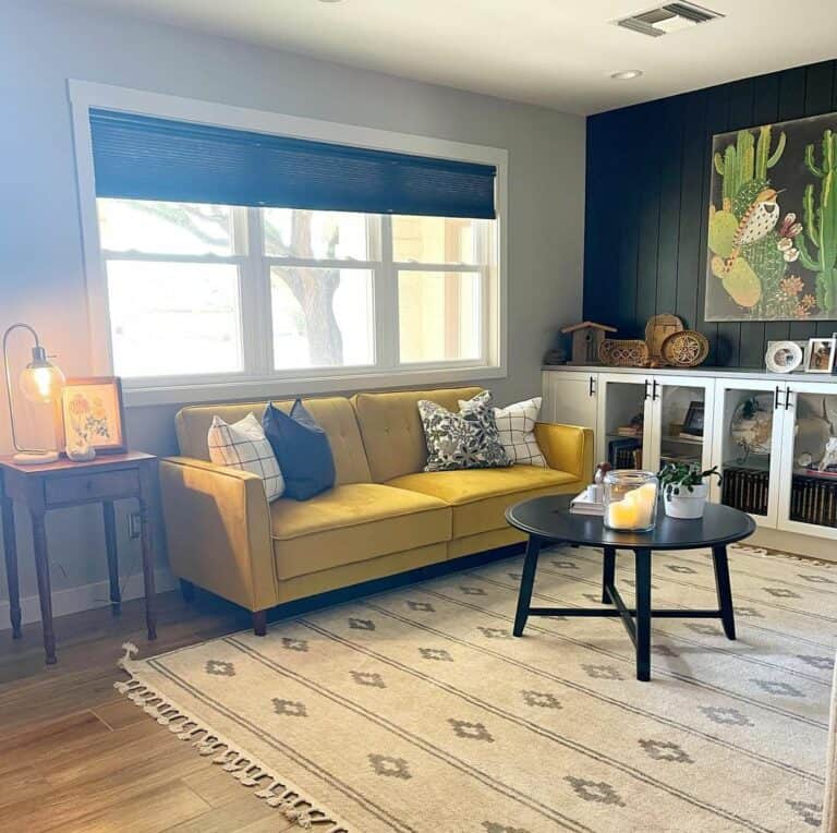 Colorful Living Room With Black Vertical Shiplap Accent Wall