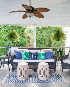 Colorful Porch With Wooden Outdoor Ceiling Fan