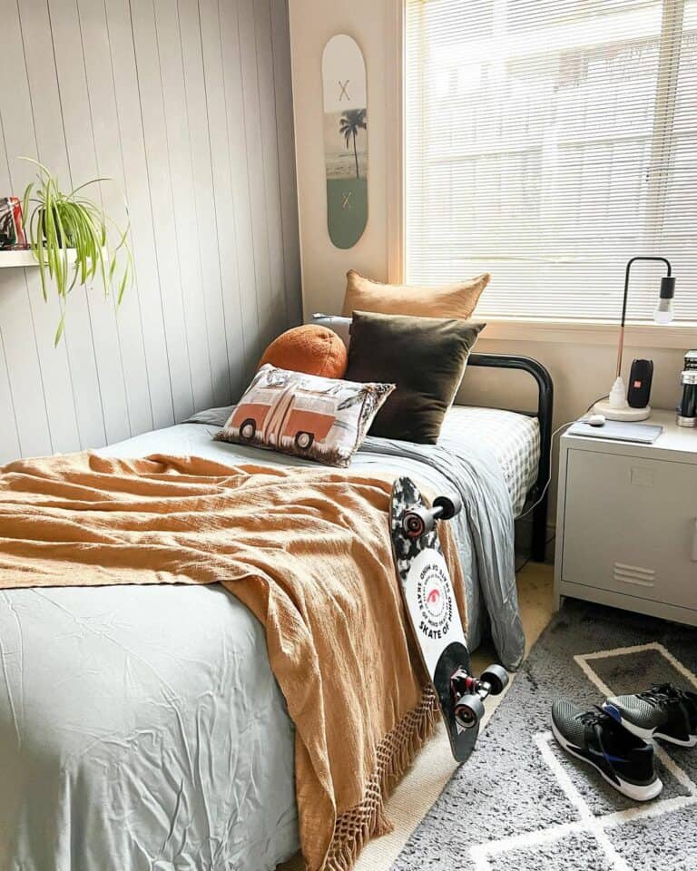 Compact Teen Bedroom With Gray Shiplap Accent Wall