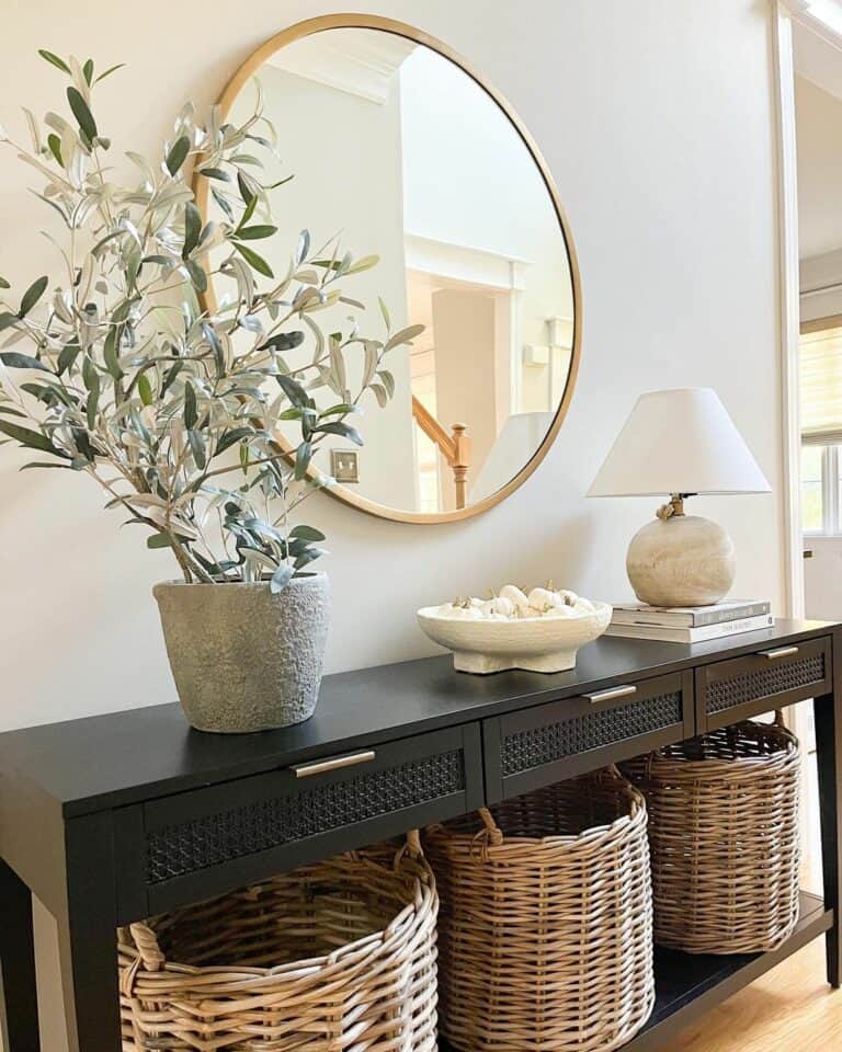 Contemporary Black Console Table With Woven Baskets
