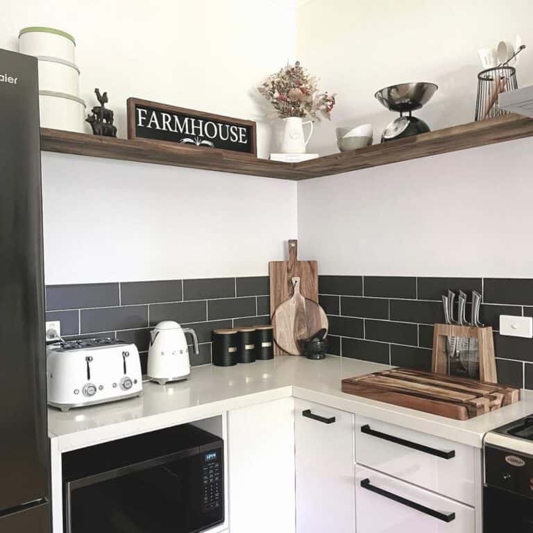 Corner Countertops and Floating Wood Shelves