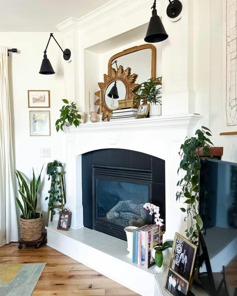 Corner Fireplace With Brass-framed Mirrors