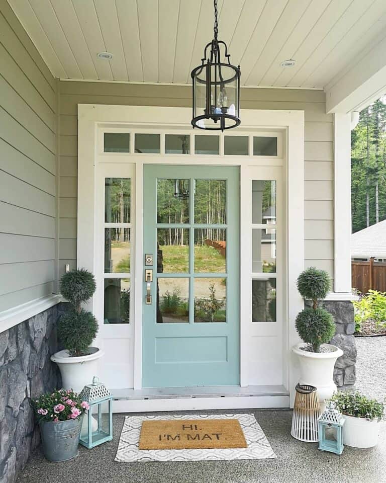 Cottage Exterior Entryway With Turquoise Door
