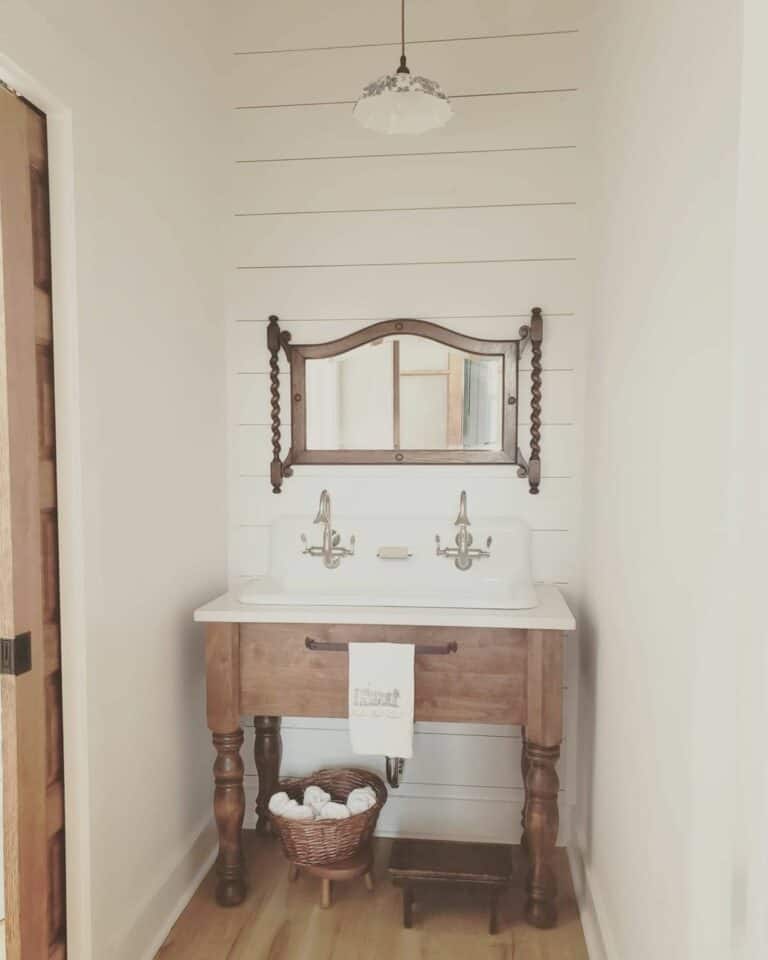 Cottage Half Bath With Stained Wood Washstand