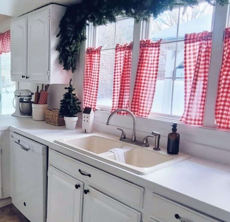 Cottage Kitchen With Red Gingham Cafe Curtains