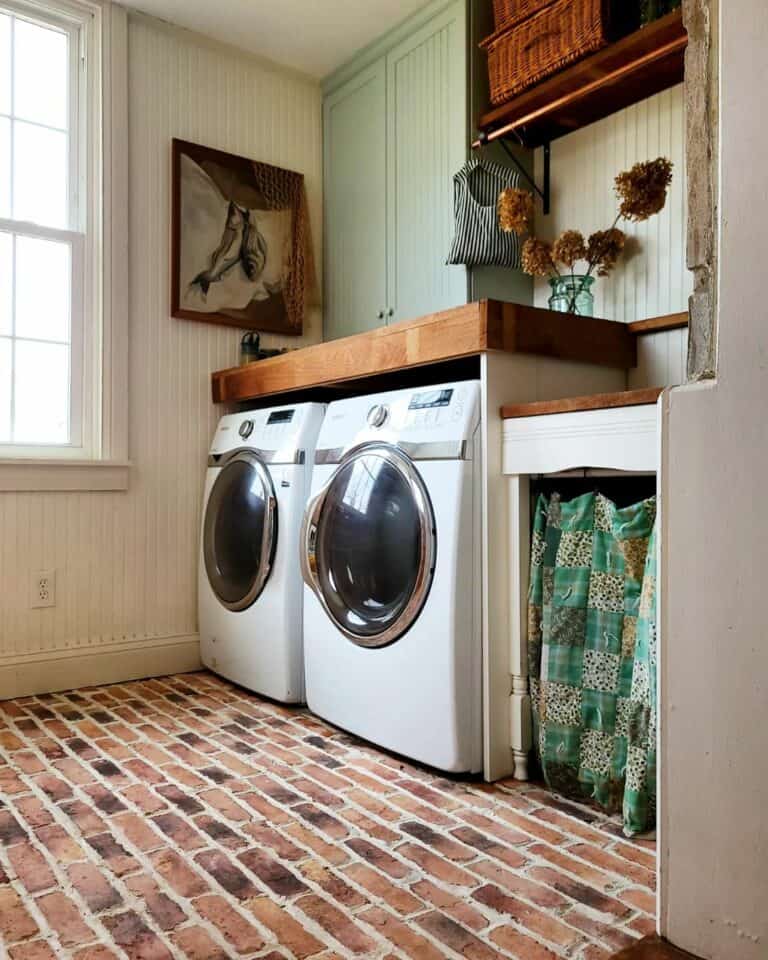 Cottage Laundry Room With Brick Flooring