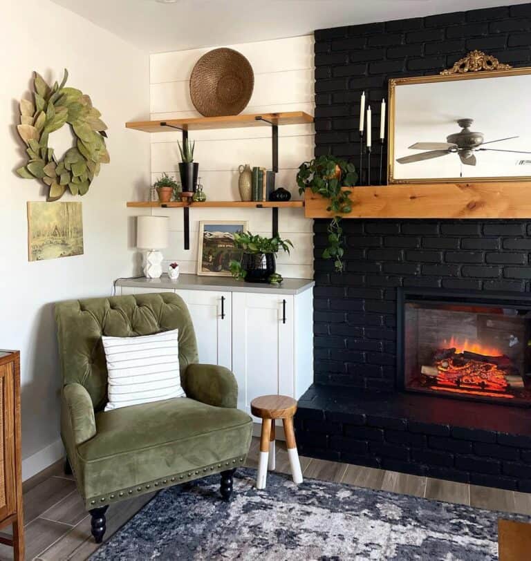 Cottage Living Room With Green Velvet Corner Chair