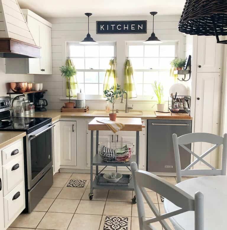 Country Home Kitchen With Gray Kitchen Island Cart