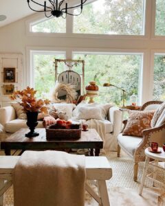 Country Living Room With White Framed Windows