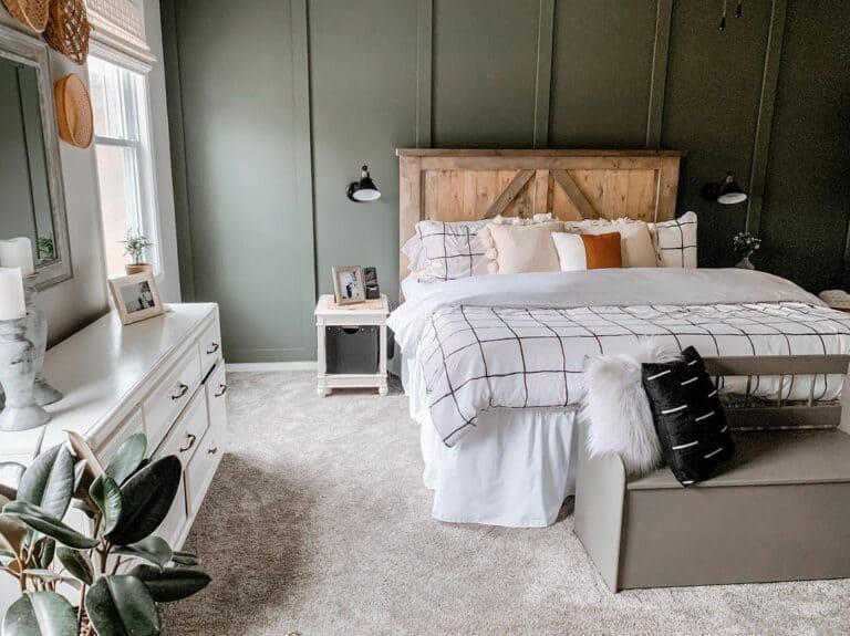 Dark Olive Accent Wall in Farmhouse Bedroom