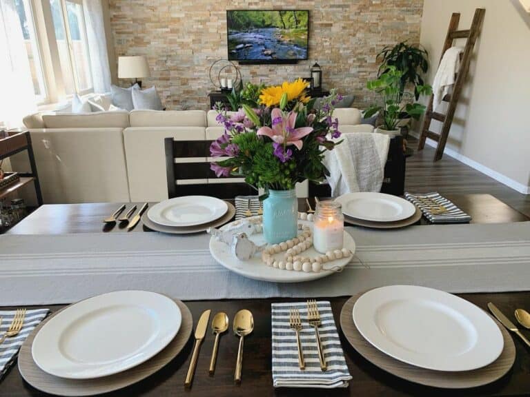 Dark Wood Table With Gray Table Runner