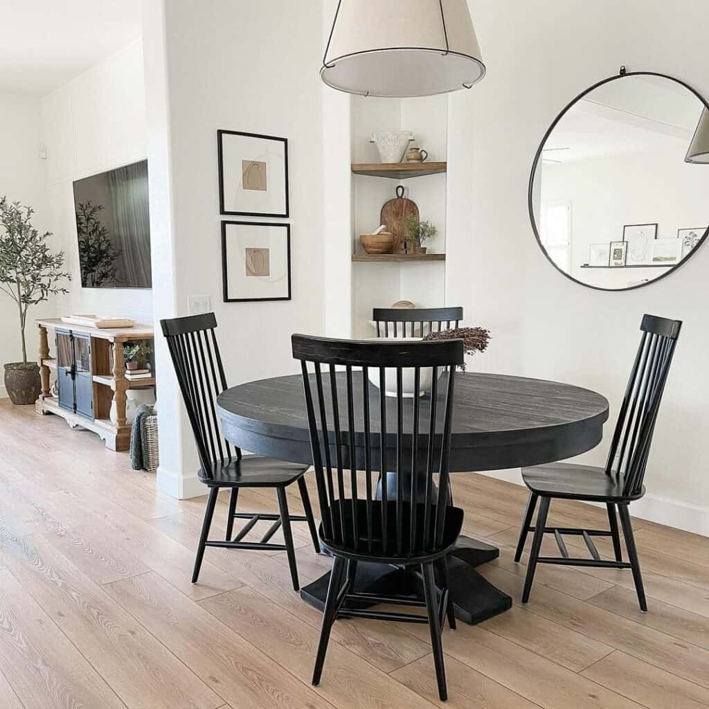 Dining Room With Wood Floating Corner Shelves