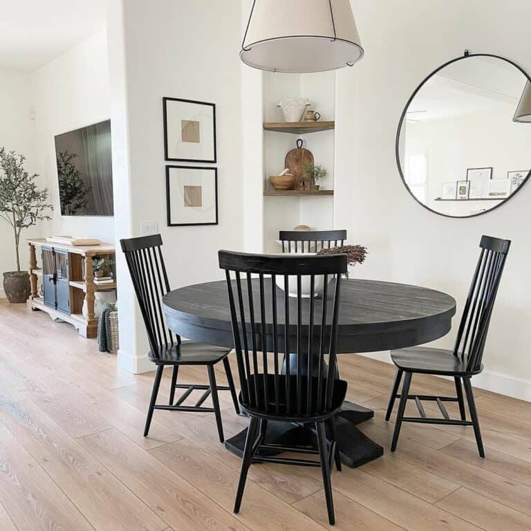 Dining Room With Wood Floating Corner Shelves