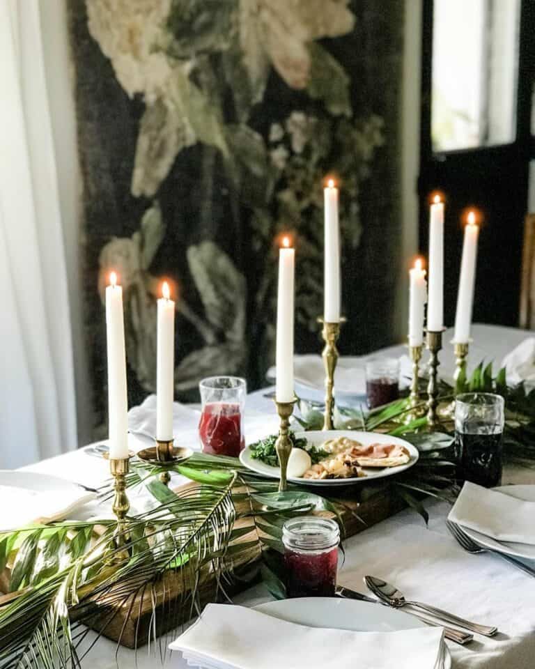 Dining Table Centerpiece With Brass Candlesticks