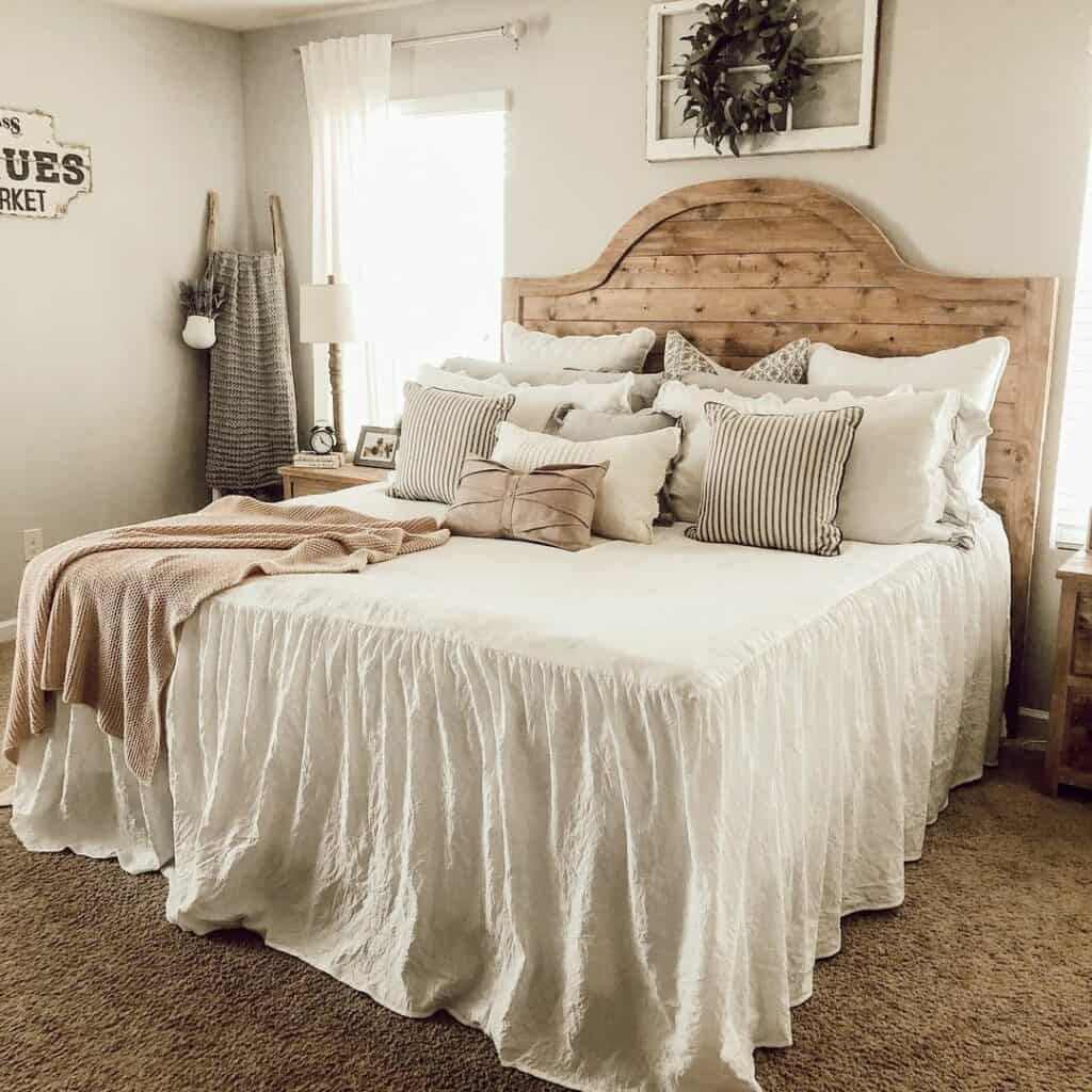 Farmhouse Bed With Stained Wood Headboard