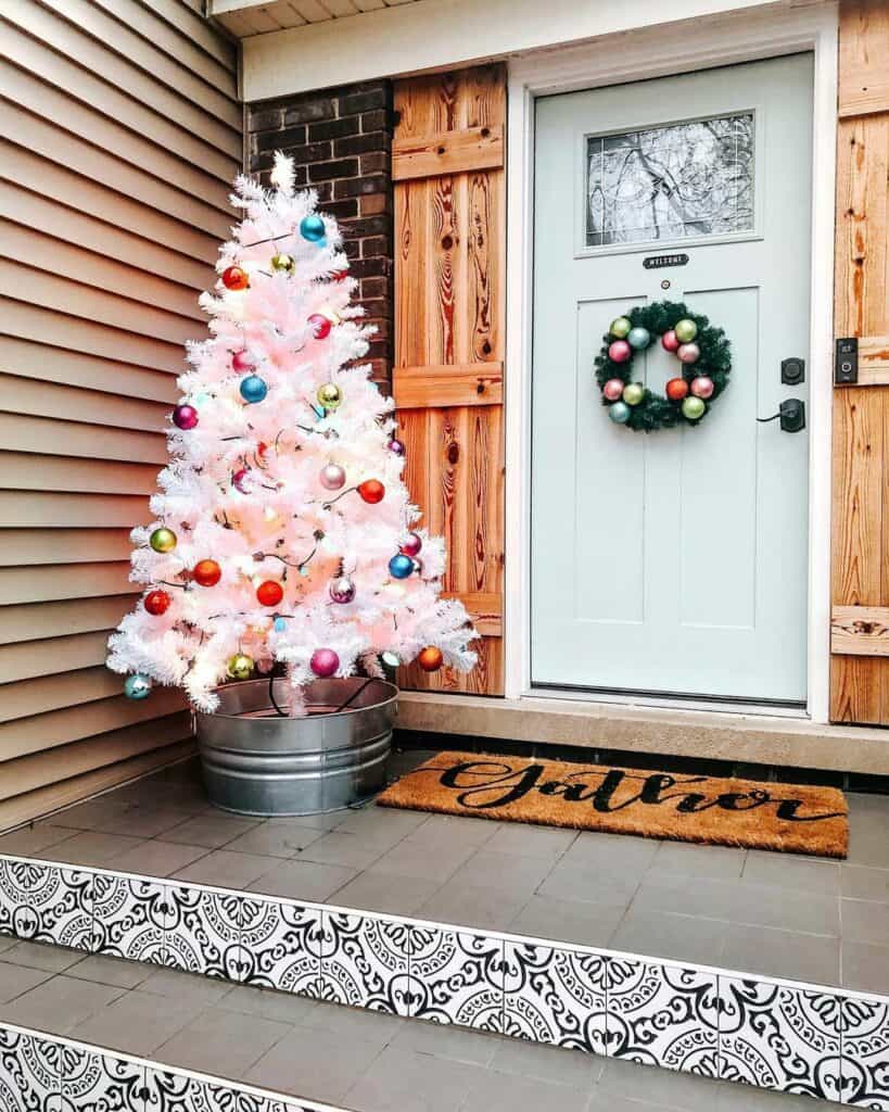 Farmhouse Front Porch With Colorful Christmas Décor