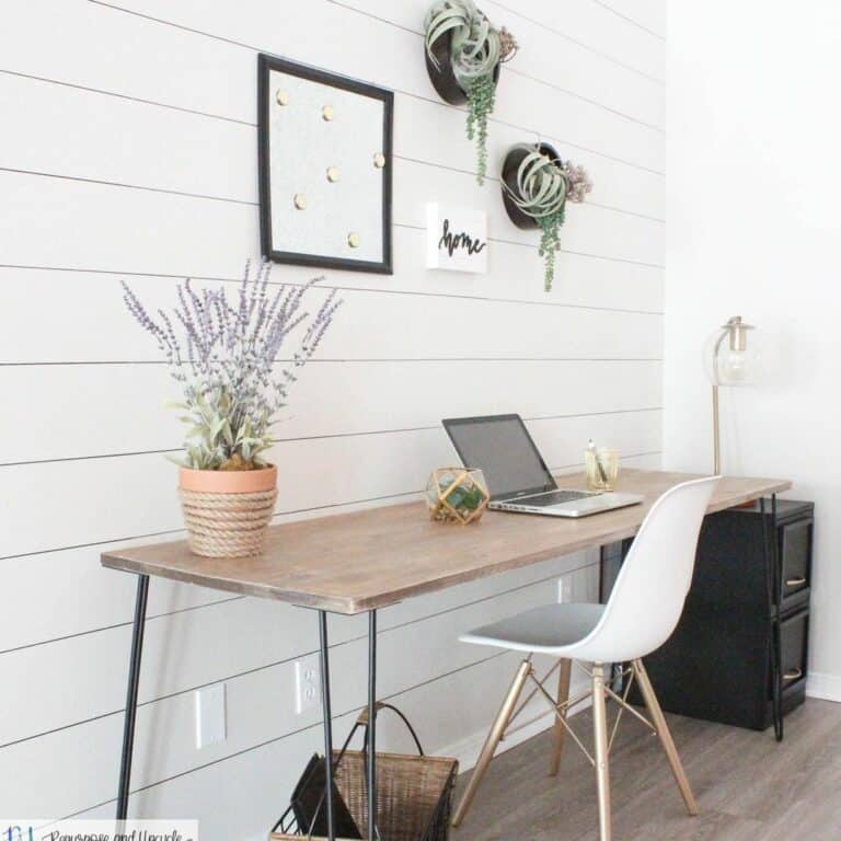 Farmhouse Home Office With White Shiplap Walls