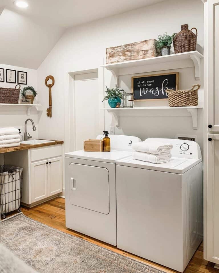 Farmhouse Laundry Room With White Open Shelves