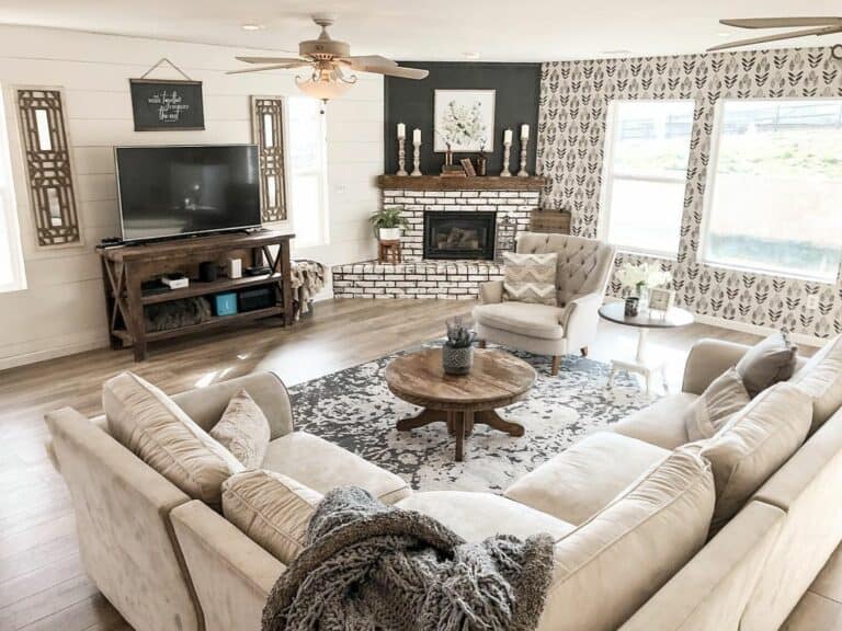Farmhouse Living Room With Patterned Wall Paper