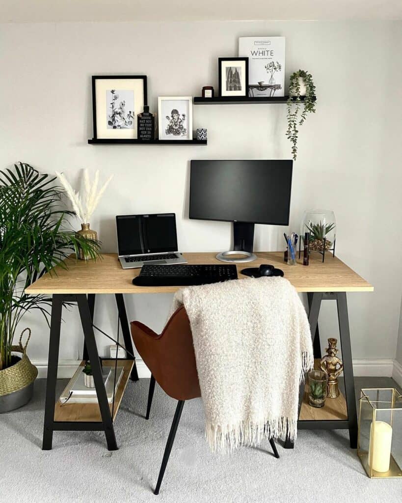 Farmhouse Office With Black Floating Shelves Above Desk Ideas