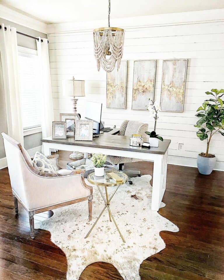 Farmhouse Office With White Cowhide Rug