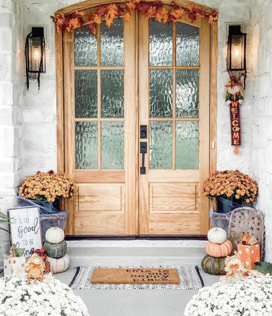 Farmhouse Porch With Wooden Doors and Textured Glass