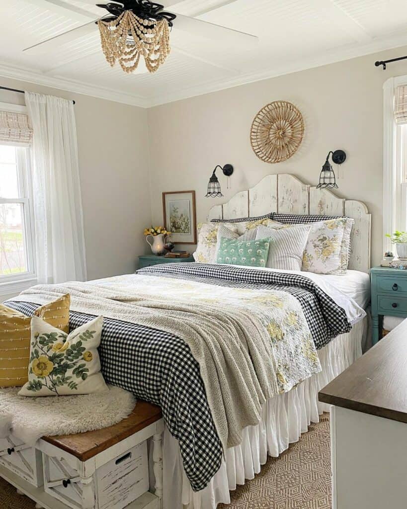 Farmhouse Rustic Bedroom With Wood Bead Chandelier