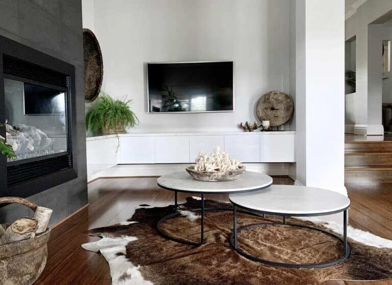 Floating Entertainment Console and Black Tile Fireplace