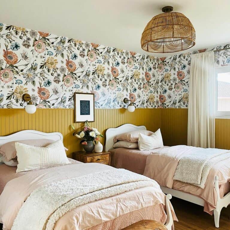 Floral Wallpaper and Yellow Beadboard Wainscoting
