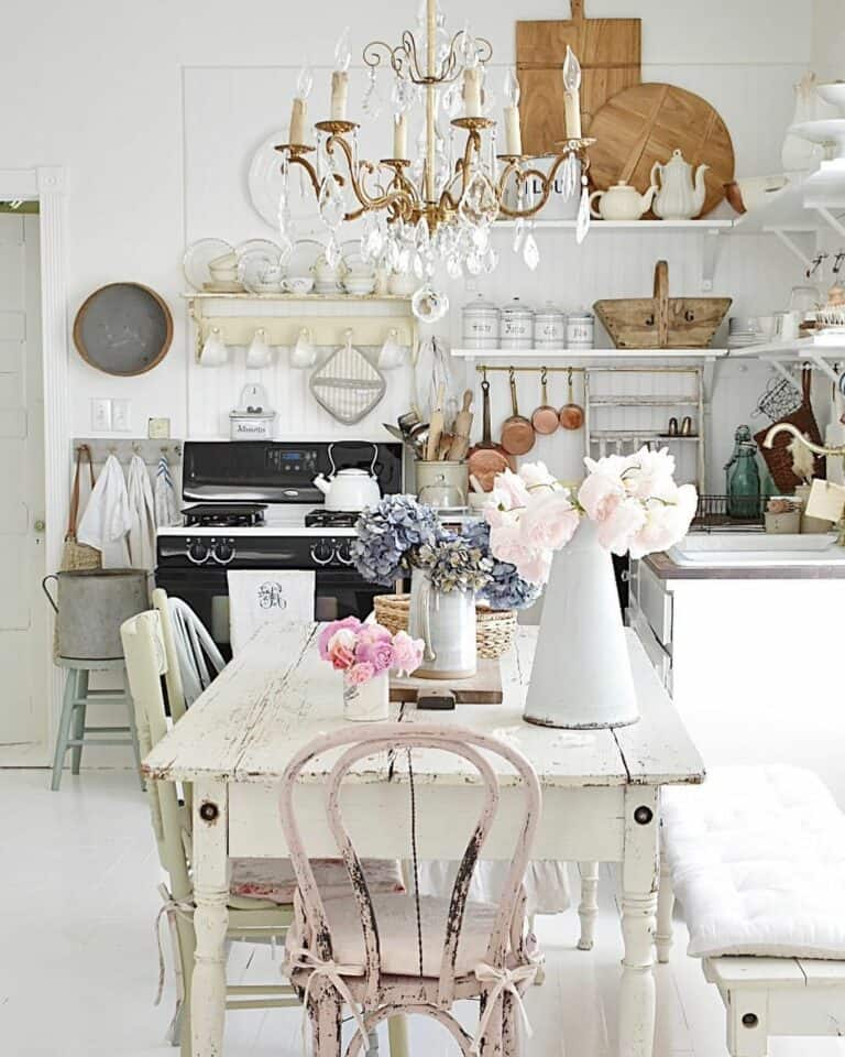 French Country Kitchen With Gold and Crystal Chandelier