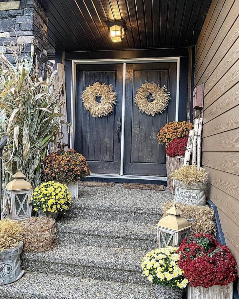 Front Porch With Dramatic Wreaths