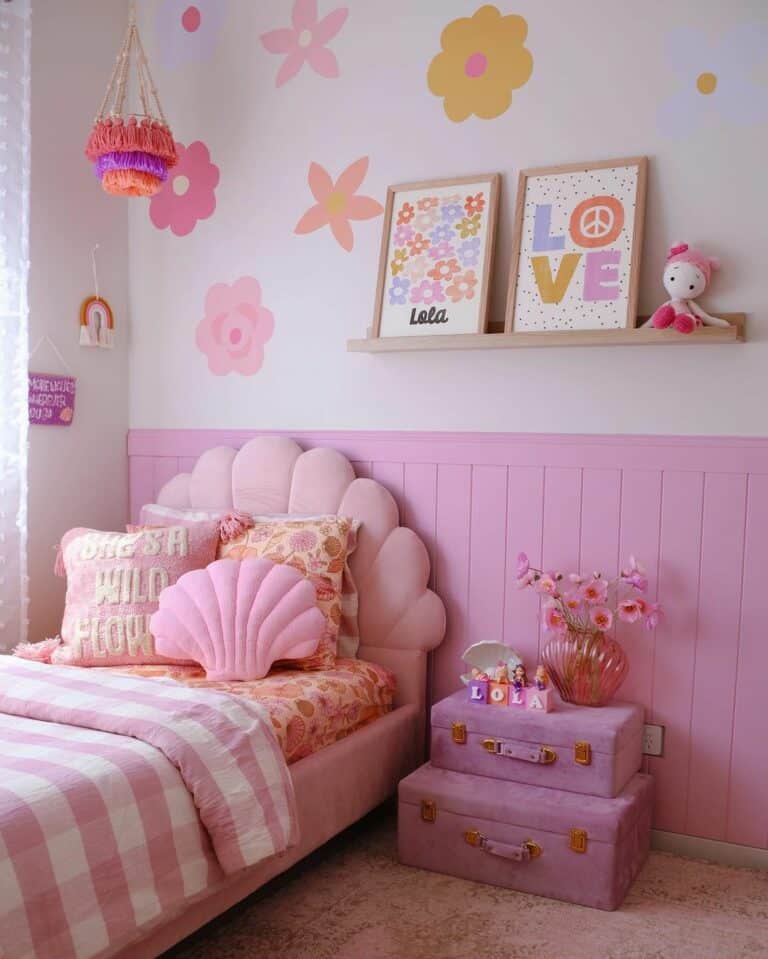 Girl's Bedroom With Pink Colored Shiplap Half Wall