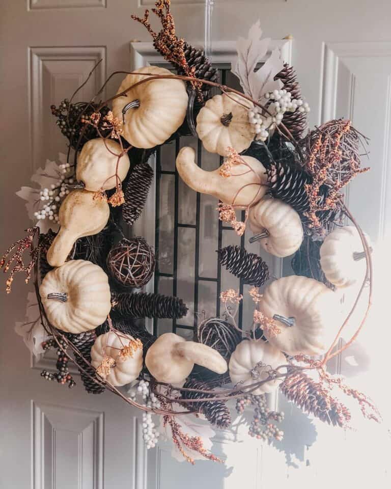 Grapevine Wreath With Beige Pumpkins and Squash
