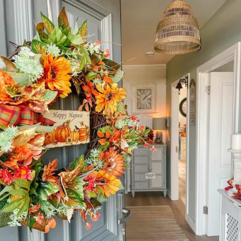 Gray Door With Orange and Green Wreath