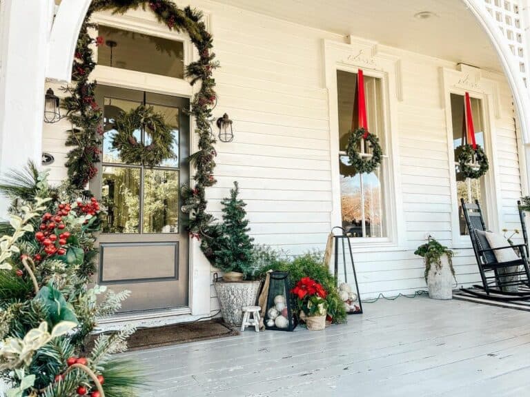 Gray Front Door With Christmas Porch Décor
