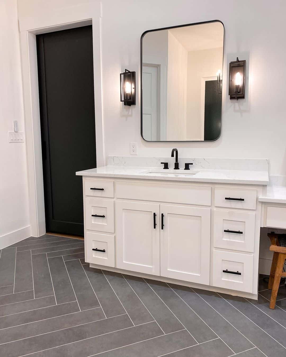 Gray Herringbone Bathroom Floor With White Grout Soul & Lane