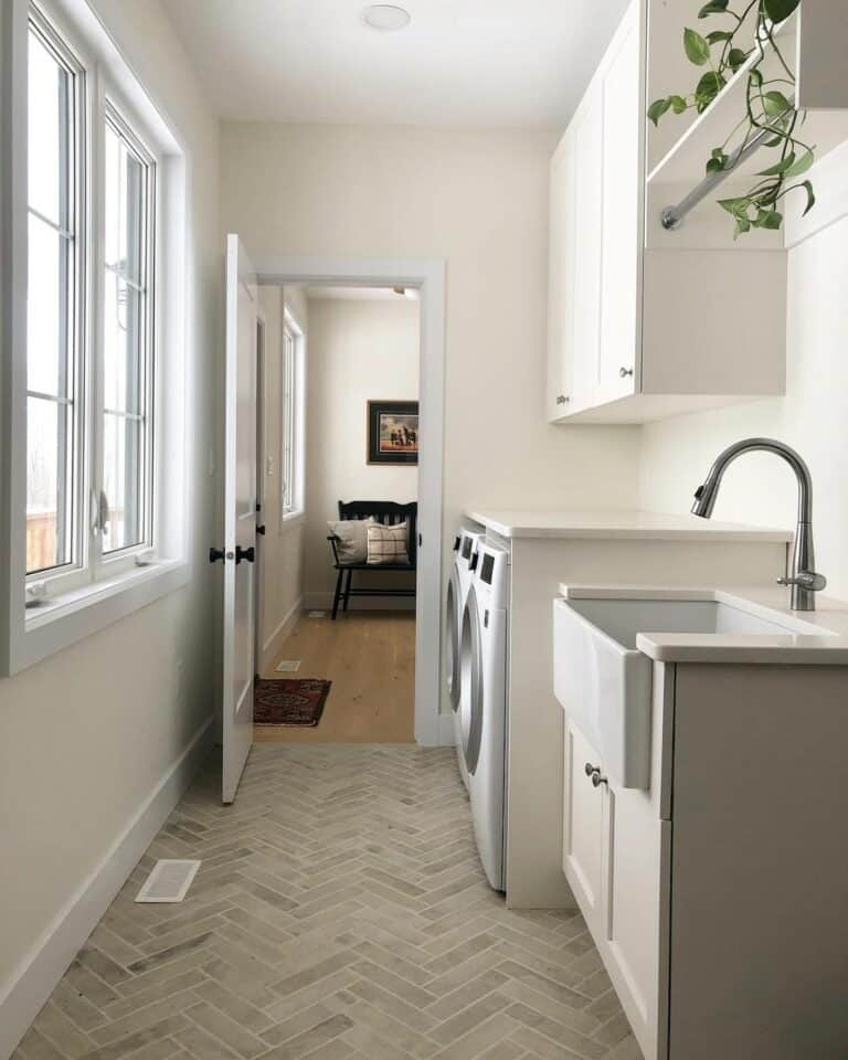 Gray Herringbone Tile Laundry Room Floor