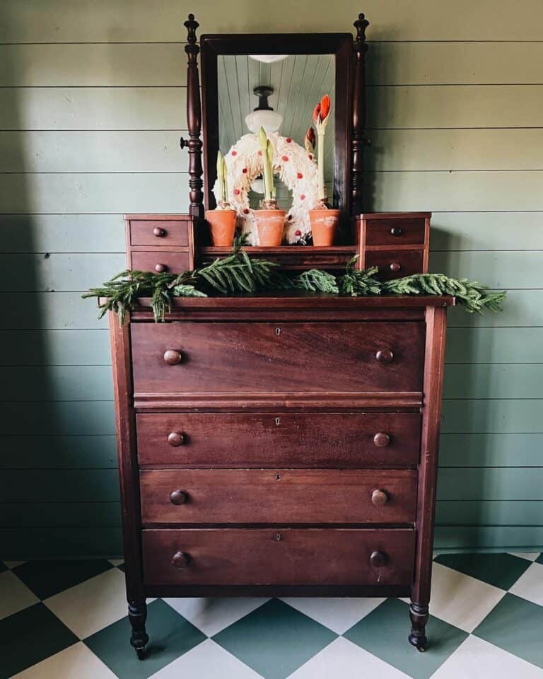 Gray Horizontal Shiplap Wall With Vintage Dresser