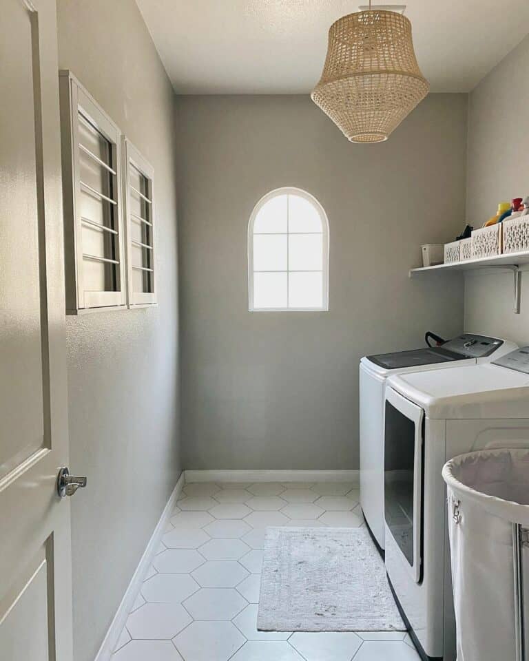 Gray Laundry Room With White Hexagon Floor Tiles
