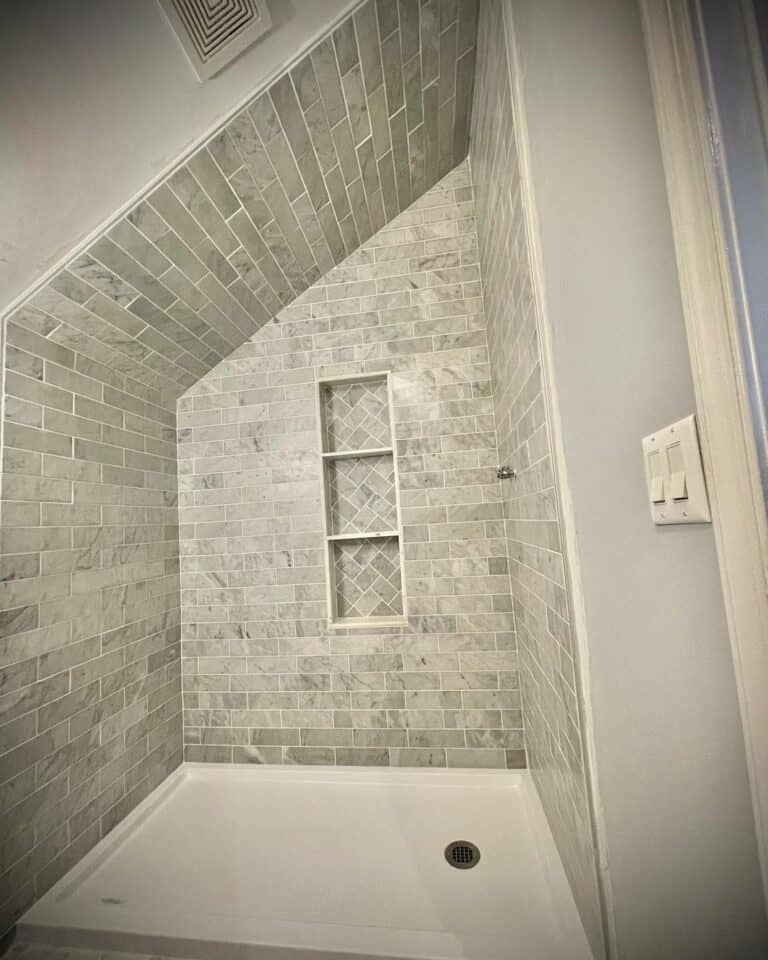 Gray Marble Tile Shower With Sloped Ceiling