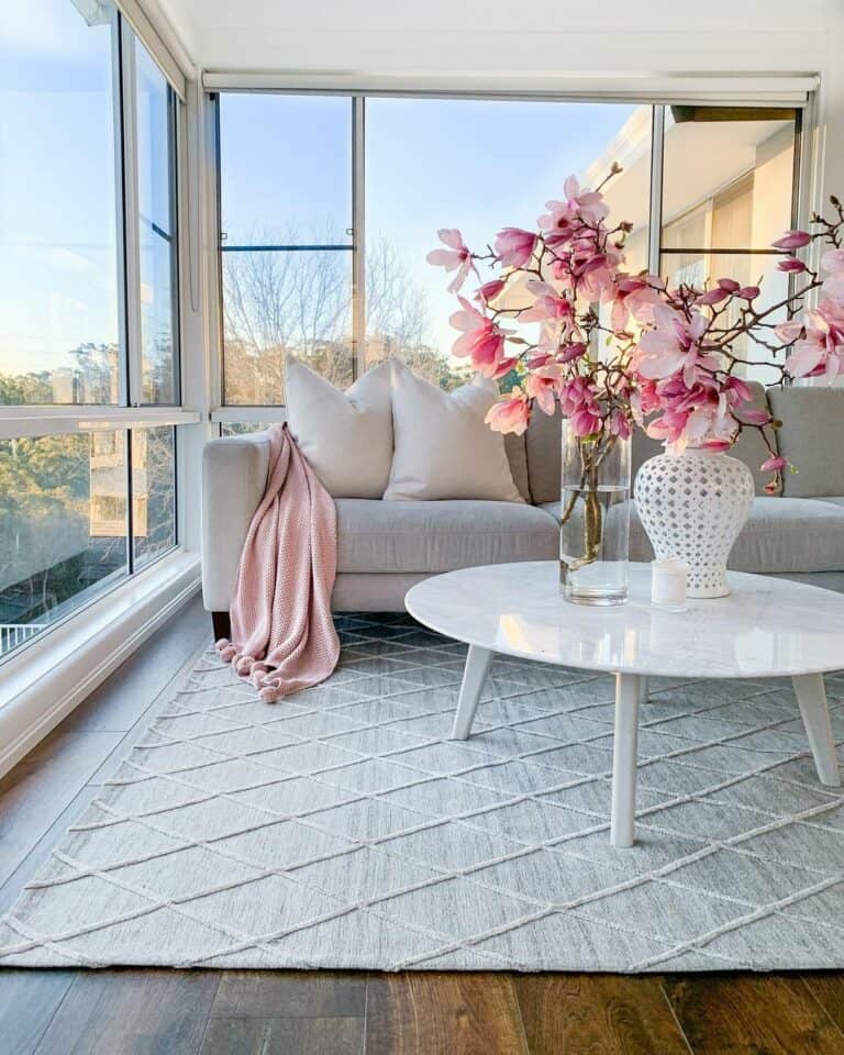 Gray Modern Living Room With Pink Accents