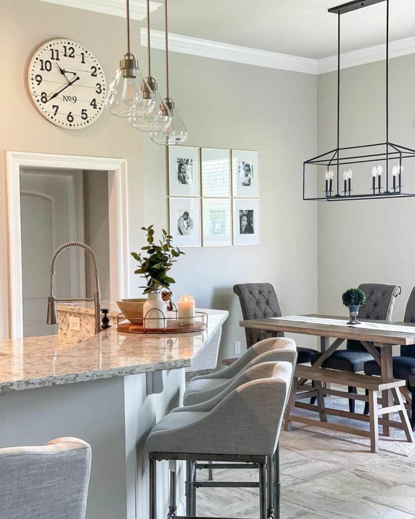 Gray and White Farmhouse Kitchen and Dining Room